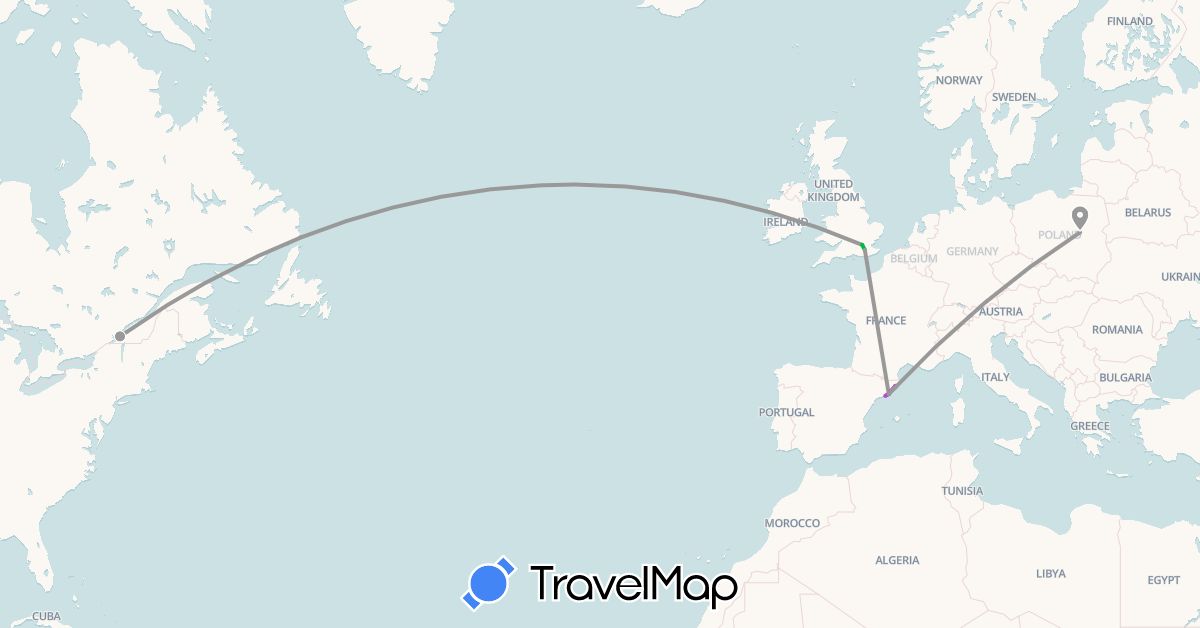TravelMap itinerary: driving, bus, plane, train in Canada, Spain, United Kingdom, Poland (Europe, North America)